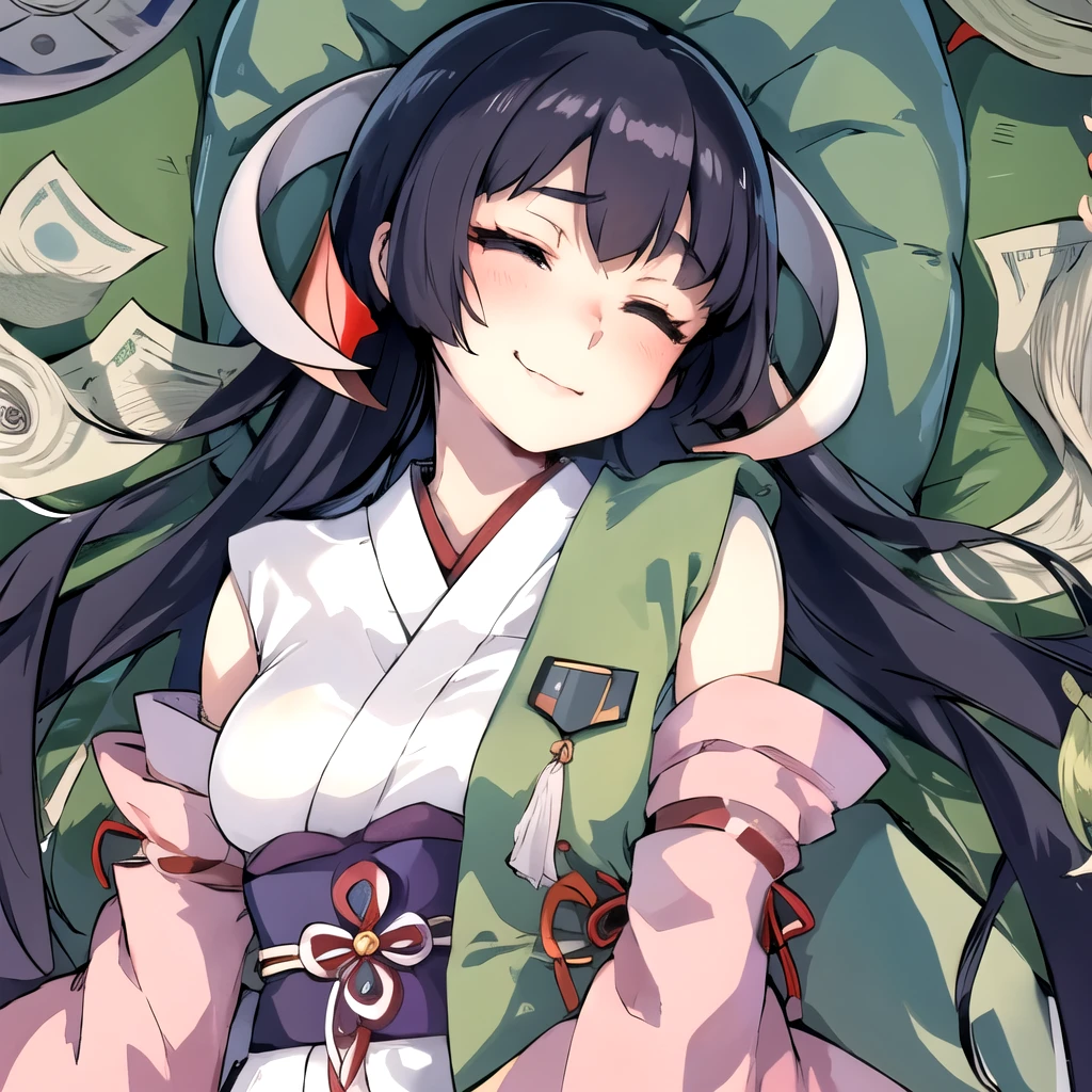 {{EE.UU:30}}, smile, Japanese clothing, Wad of bills, Obi, breasts,  Separate sleeves ,  looking at the spectator, kimono, {{ masterpiece :10, portrait, highres:10}} Hugging sleeping black-haired young man with his breasts