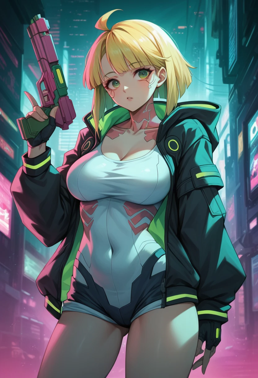  a woman with green eyes and a black jacket holding a gun, cyberpunk anime art, chica anime cyberpunk, best anime 4k konachan wallpaper, anime girl cyberpunk mech, female cyberpunk anime girl, cyberpunk anime art, anime style 4k , digital cyberpunk anime art, Cyberpunk Anime Girl with Hoodie, Anime Wallpaper 4k, Anime wallpaper 4 k, cyberpunk anime Big Breast 
