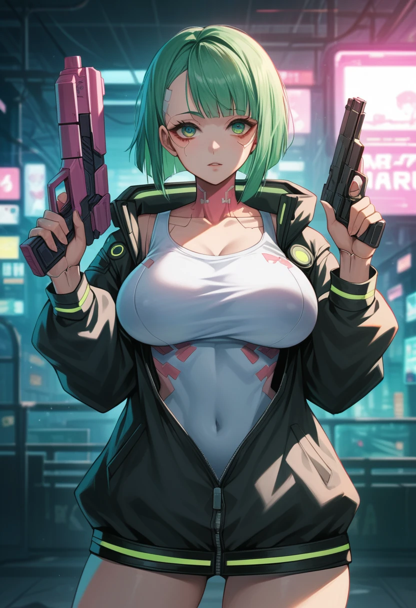  a woman with green eyes and a black jacket holding a gun, cyberpunk anime art, chica anime cyberpunk, best anime 4k konachan wallpaper, anime girl cyberpunk mech, female cyberpunk anime girl, cyberpunk anime art, anime style 4k , digital cyberpunk anime art, Cyberpunk Anime Girl with Hoodie, Anime Wallpaper 4k, Anime wallpaper 4 k, cyberpunk anime Big Breast 
