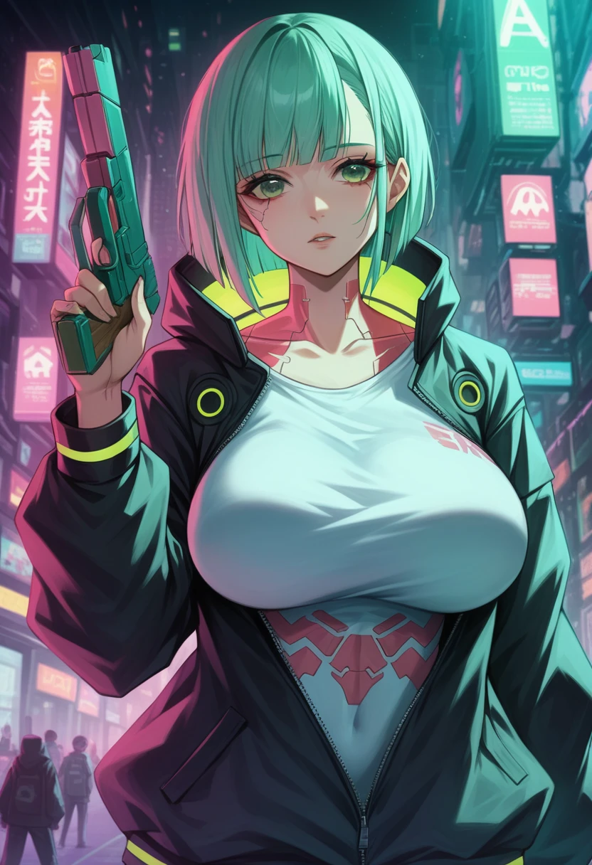  a woman with green eyes and a black jacket holding a gun, cyberpunk anime art, chica anime cyberpunk, best anime 4k konachan wallpaper, anime girl cyberpunk mech, female cyberpunk anime girl, cyberpunk anime art, anime style 4k , digital cyberpunk anime art, Cyberpunk Anime Girl with Hoodie, Anime Wallpaper 4k, Anime wallpaper 4 k, cyberpunk anime Big Breast 
