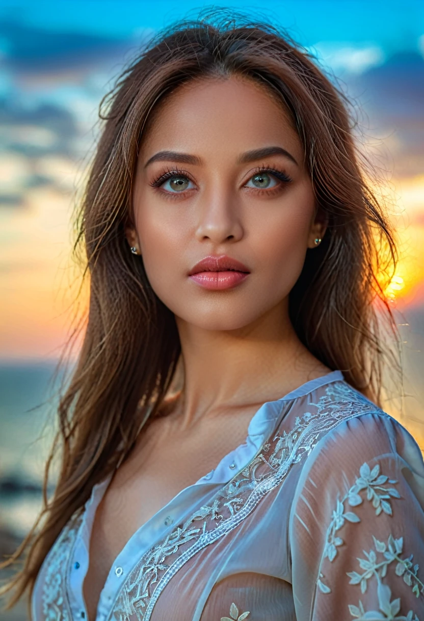 (Realistic, superrealistic:1.4), 16K HDR, High resolution, long brown hair, Qatari woman ,so beautiful(It looks like the real thing),dress、curvy couple、Model Couple、(Realistic,   intricate details  :1.2), Amazing view of the sunset sky and clouds、, DSLR camera , Soft lighting,   detail background , Use Volumetric Lighting, Sharp focus,Cloud Effect:1.2、Professional quality High resolution、Best Quality,Slim figure,High quality face,Detailed eyes,Beautiful Lips,Excellent light particles,Cinema Lighting,blue eyes,(RAW Photos), (Realistic), (masterpiece), (Best Quality), High resolution, 8k, (  intricate details  ), (Volumetric Light), Portrait, Layered Hair, Brown Hair,  beautiful eyes, Order Order, Very beautiful mouth, (Thick lips), (Elegant blouse), North Shot,