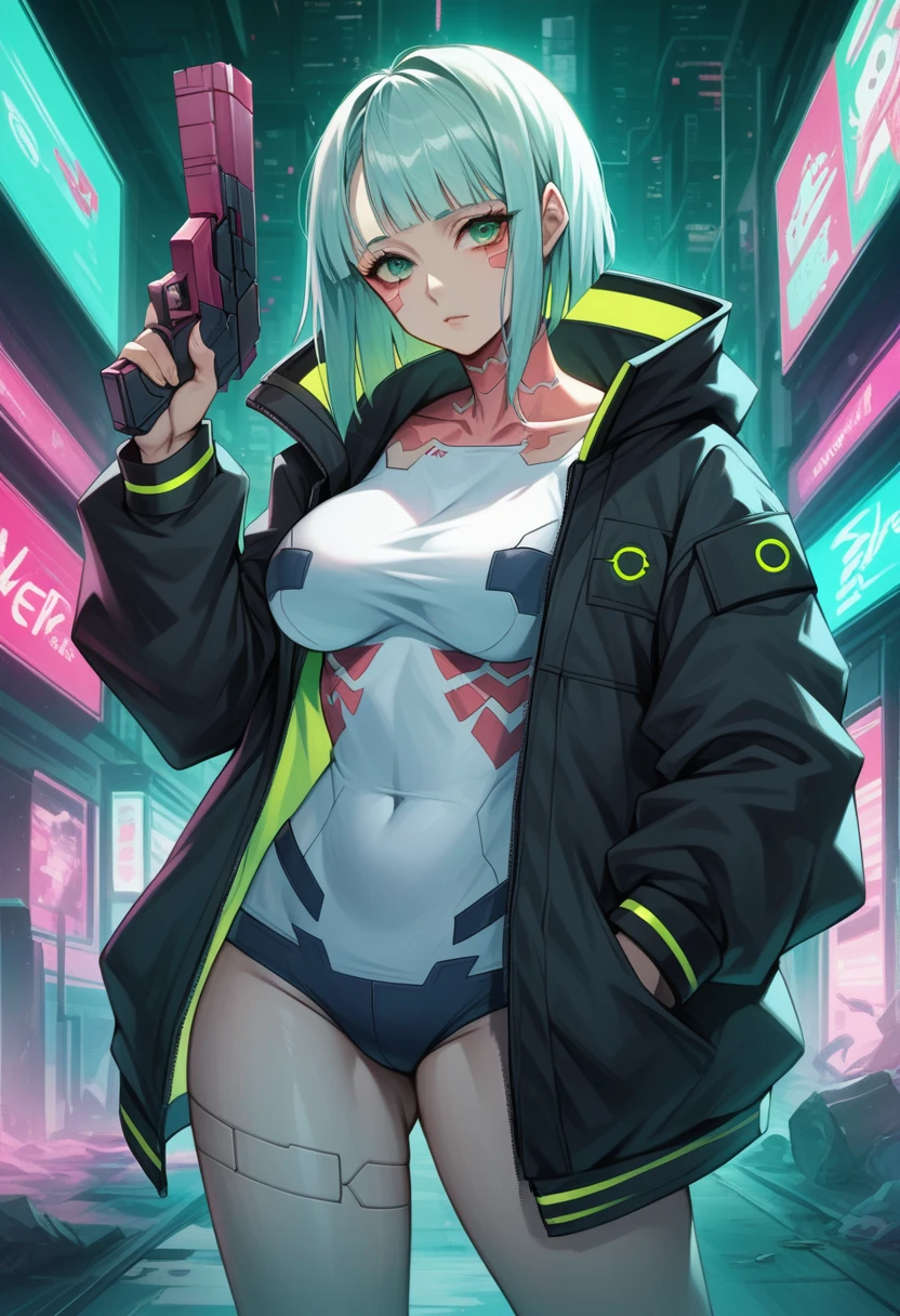  a woman with green eyes and a black jacket holding a gun, cyberpunk anime art, chica anime cyberpunk, best anime 4k konachan wallpaper, anime girl cyberpunk mech, female cyberpunk anime girl, cyberpunk anime art, anime style 4k , digital cyberpunk anime art, Cyberpunk Anime Girl with Hoodie, Anime Wallpaper 4k, Anime wallpaper 4 k, cyberpunk anime Big Breast 
