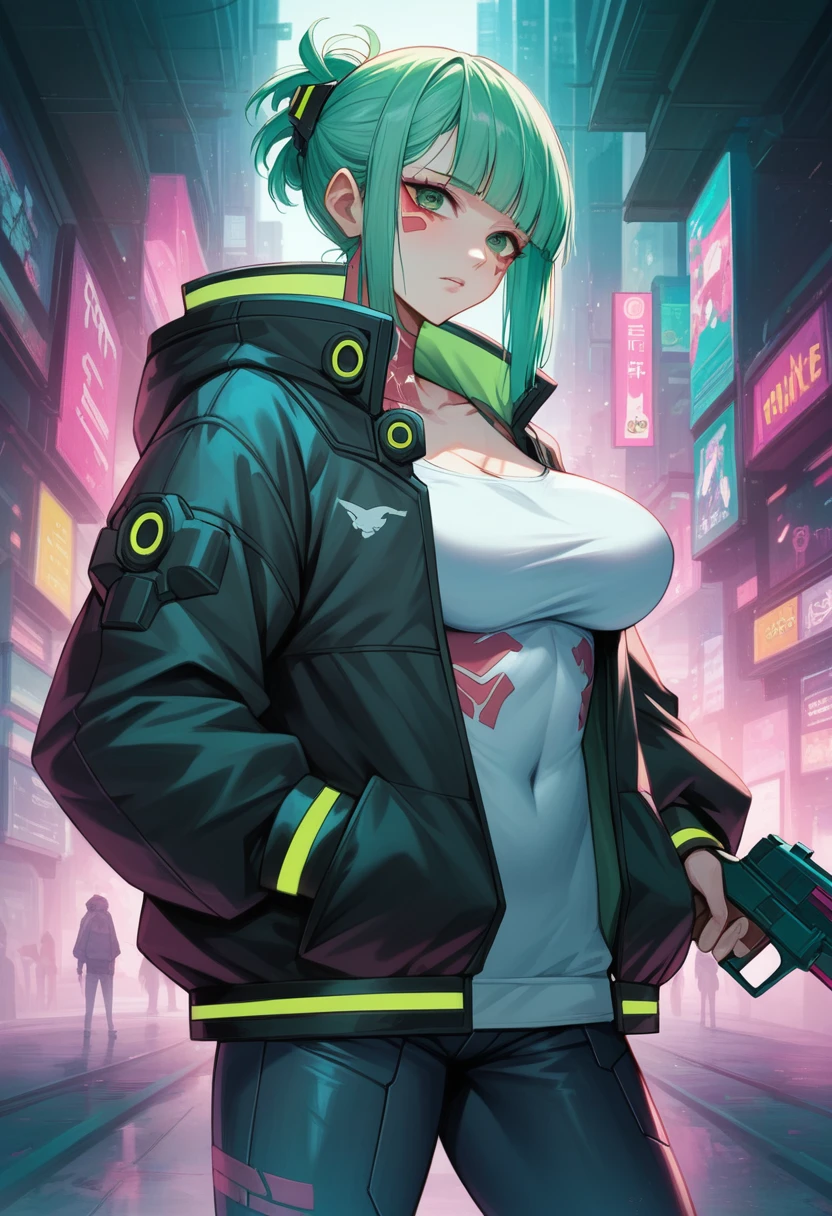  a woman with green eyes and a black jacket holding a gun, cyberpunk anime art, chica anime cyberpunk, best anime 4k konachan wallpaper, anime girl cyberpunk mech, female cyberpunk anime girl, cyberpunk anime art, anime style 4k , digital cyberpunk anime art, Cyberpunk Anime Girl with Hoodie, Anime Wallpaper 4k, Anime wallpaper 4 k, cyberpunk anime Big Breast 
