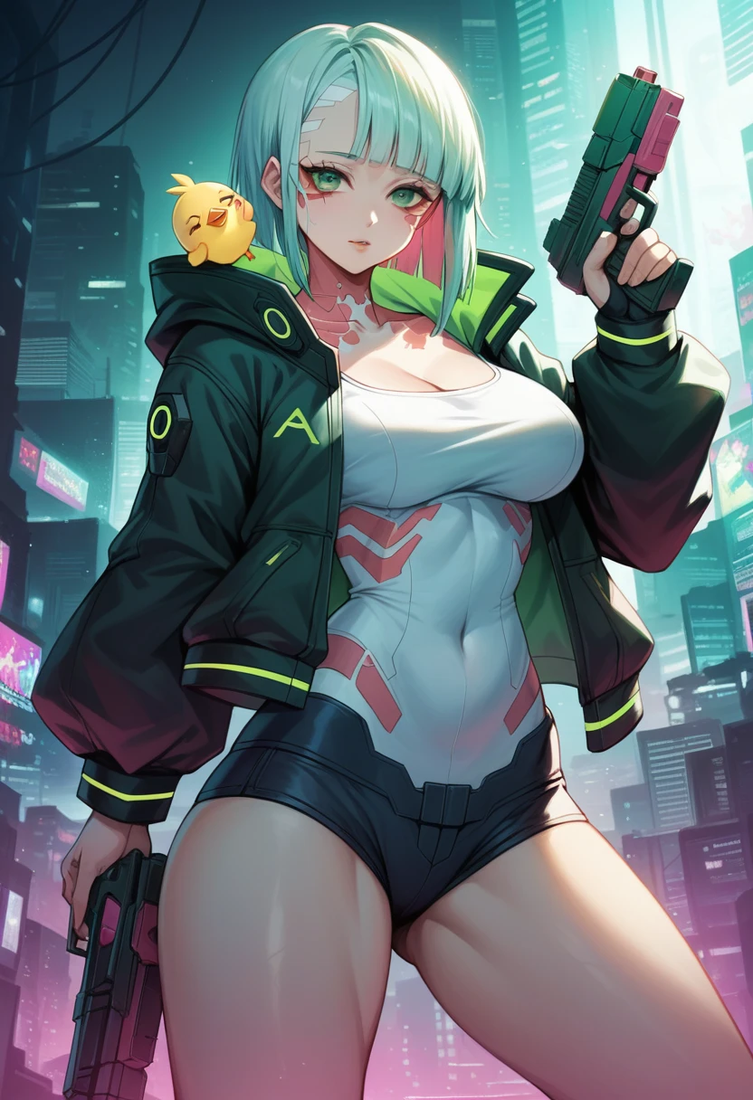  a woman with green eyes and a black jacket holding a gun, cyberpunk anime art, chica anime cyberpunk, best anime 4k konachan wallpaper, anime girl cyberpunk mech, female cyberpunk anime girl, cyberpunk anime art, anime style 4k , digital cyberpunk anime art, Cyberpunk Anime Girl with Hoodie, Anime Wallpaper 4k, Anime wallpaper 4 k, cyberpunk anime Big Breast 
