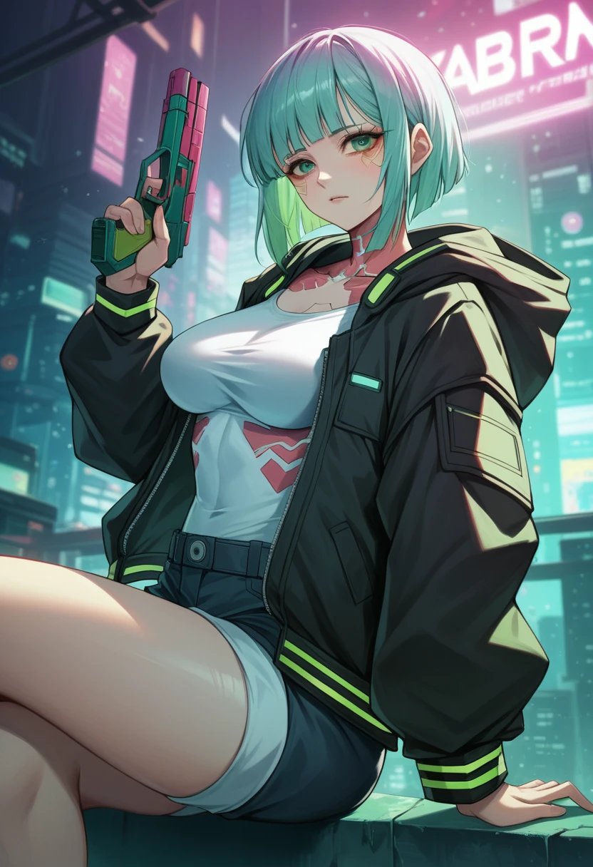  a woman with green eyes and a black jacket holding a gun, cyberpunk anime art, chica anime cyberpunk, best anime 4k konachan wallpaper, anime girl cyberpunk mech, female cyberpunk anime girl, cyberpunk anime art, anime style 4k , digital cyberpunk anime art, Cyberpunk Anime Girl with Hoodie, Anime Wallpaper 4k, Anime wallpaper 4 k, cyberpunk anime Big Breast 
