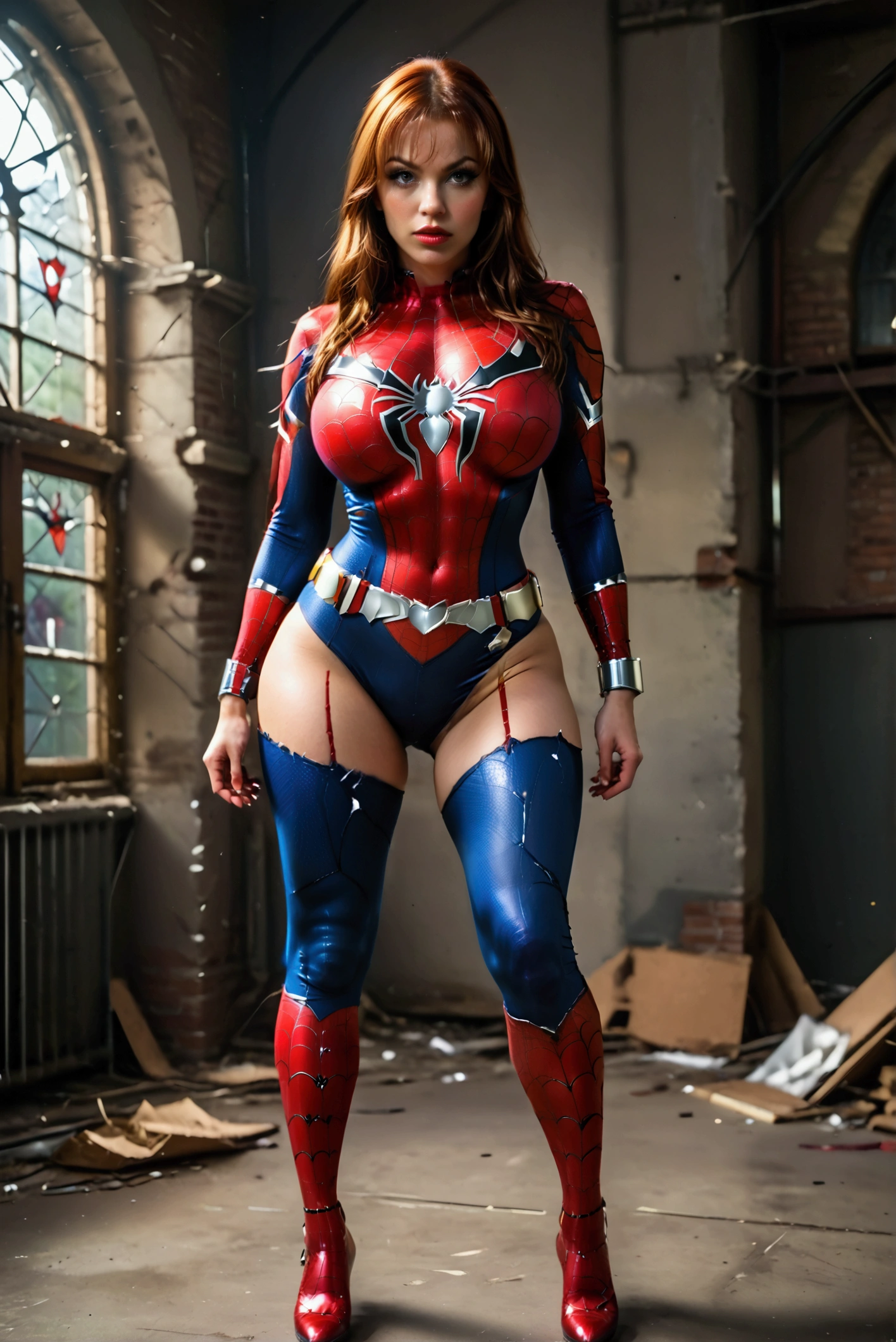 Mary Jane wearing Spider-Man's uniform, tight and torn uniform ,  Big breasts , big hips and buttocks,  thick thighs , Motor Unreal, 