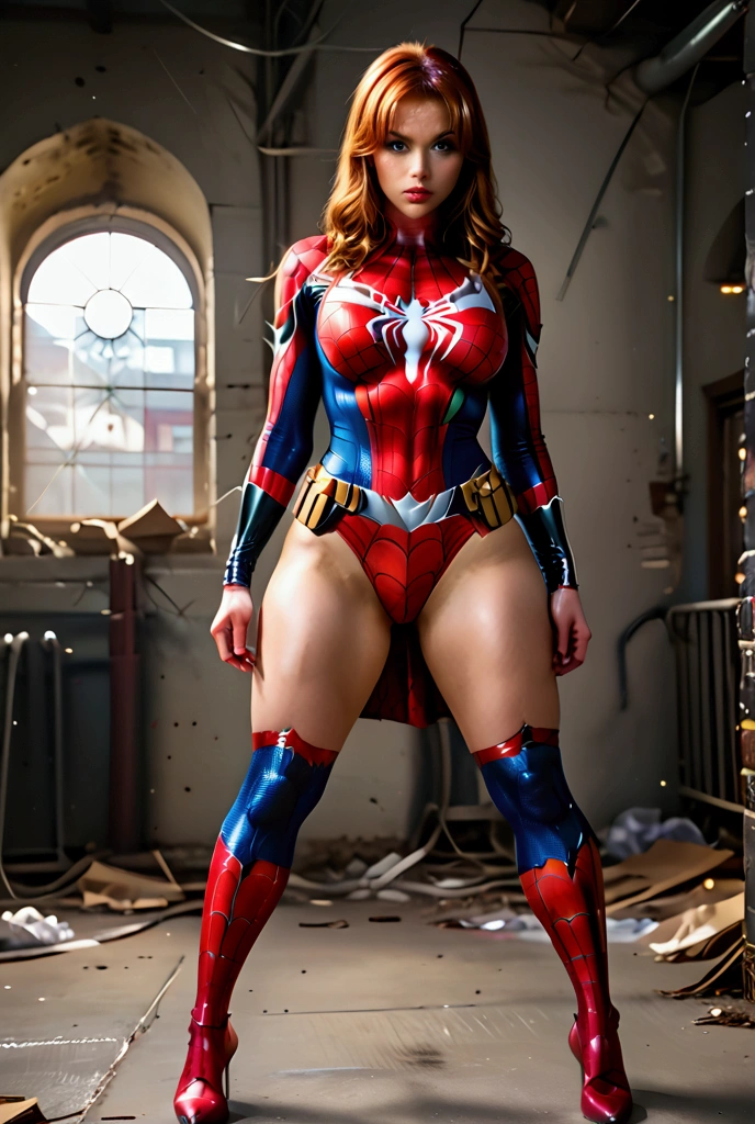 Mary Jane wearing Spider-Man's uniform, tight and torn uniform ,  Big breasts , big hips and buttocks,  thick thighs , Motor Unreal, 