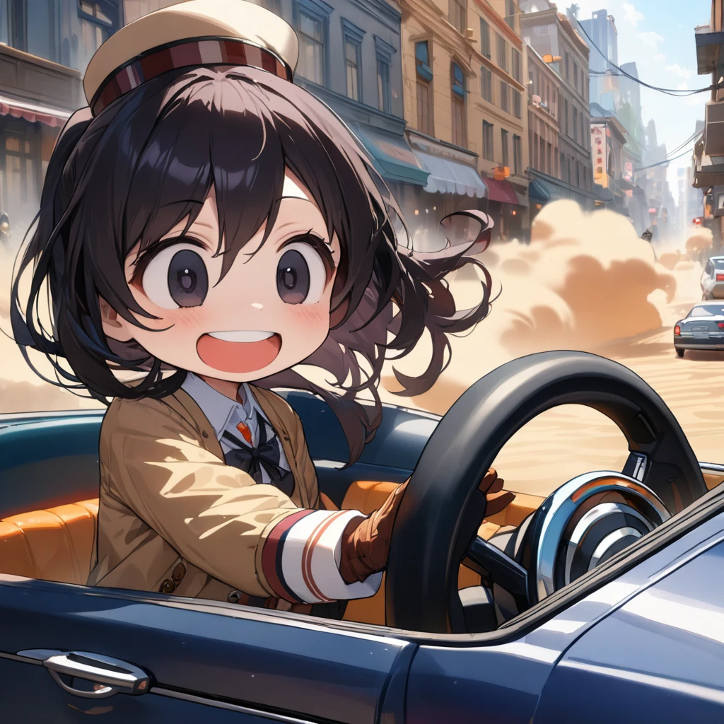 1 girl, cute, chibi, slender, pale skin, long black hair, ponytail, floating hair, big droopy eyes, black eyes,
hold steering wheel, in car, gloves, hat, laughing,
city, (sandstorm), car,
(masterpiece, best quality, hyper detailed:1.4), drowing,