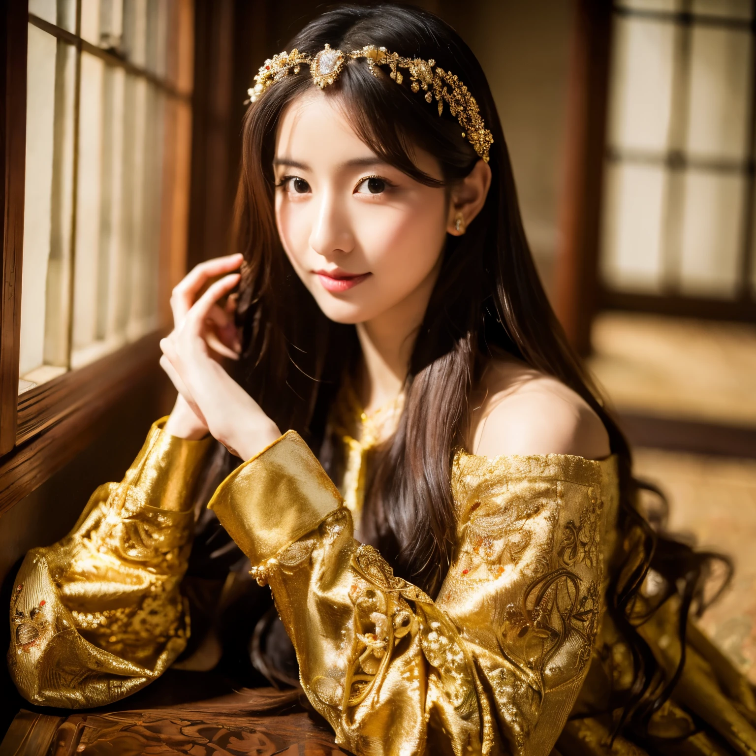 fantasy-inspired classical oriental photography, a young and beautiful woman in luxurious traditional Eastern attire adorned with intricate jewelry, elaborate embroidery with golden threads, elegant floral patterns, wearing her styled long hair with opulent headpieces, sitting in soft light, gentle and blurred background accented with petals, creating a romantic atmosphere, medium angle shot, shallow depth of field, focusing on face and upper body, soft natural light from the window, Sony A7R IV, Portra 400 film, hyper-realistic, highly detailed skin texture, exquisite clothing details --style raw --s 400 --ar 4:3 --v 6