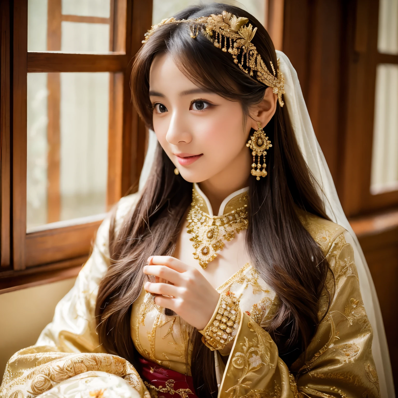 fantasy-inspired classical oriental photography, a young and beautiful woman in luxurious traditional Eastern attire adorned with intricate jewelry, elaborate embroidery with golden threads, elegant floral patterns, wearing her styled long hair with opulent headpieces, sitting in soft light, gentle and blurred background accented with petals, creating a romantic atmosphere, medium angle shot, shallow depth of field, focusing on face and upper body, soft natural light from the window, Sony A7R IV, Portra 400 film, hyper-realistic, highly detailed skin texture, exquisite clothing details --style raw --s 400 --ar 4:3 --v 6