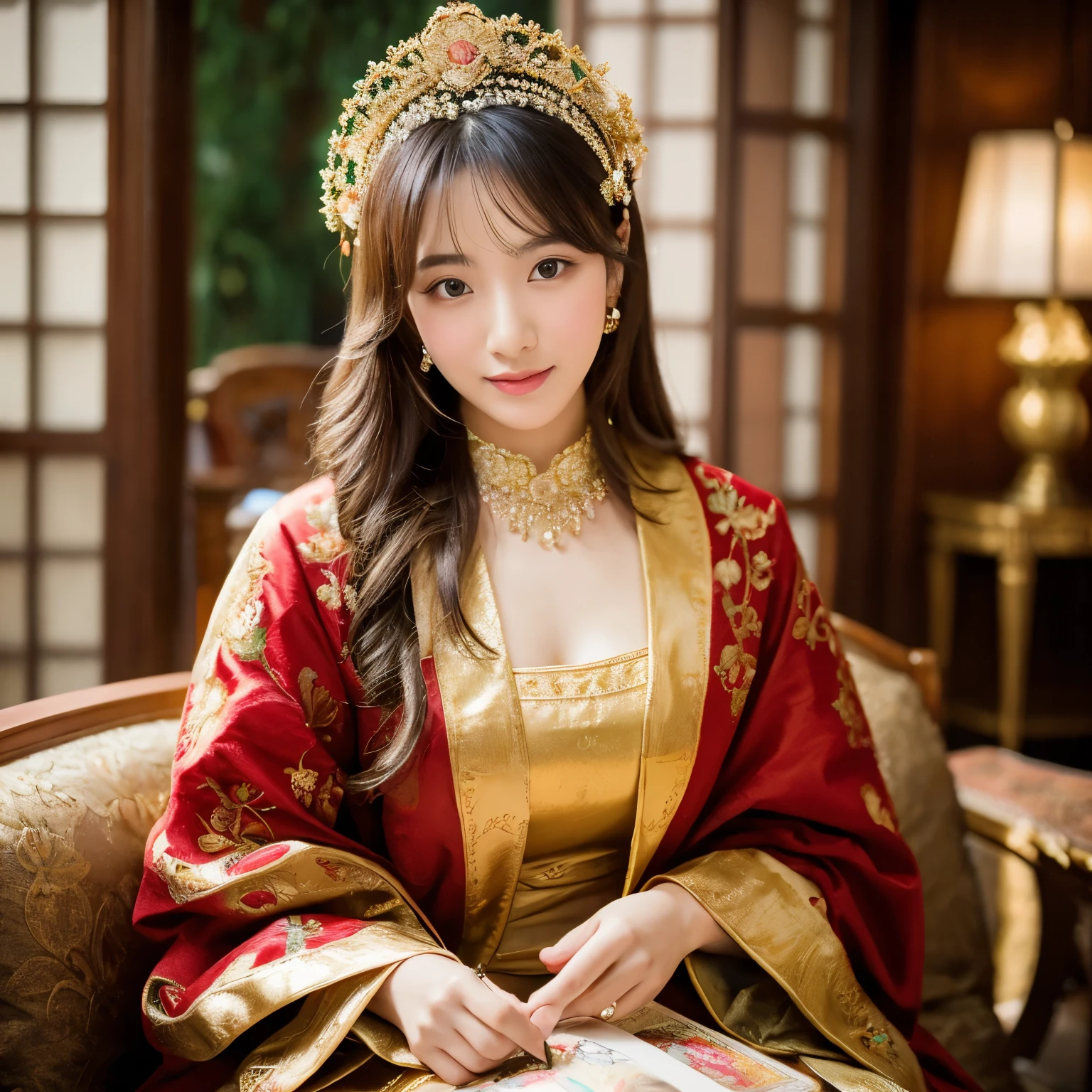 fantasy-inspired classical oriental photography, a young and beautiful woman in luxurious traditional Eastern attire adorned with intricate jewelry, elaborate embroidery with golden threads, elegant floral patterns, wearing her styled long hair with opulent headpieces, sitting in soft light, gentle and blurred background accented with petals, creating a romantic atmosphere, medium angle shot, shallow depth of field, focusing on face and upper body, soft natural light from the window, Sony A7R IV, Portra 400 film, hyper-realistic, highly detailed skin texture, exquisite clothing details --style raw --s 400 --ar 4:3 --v 6