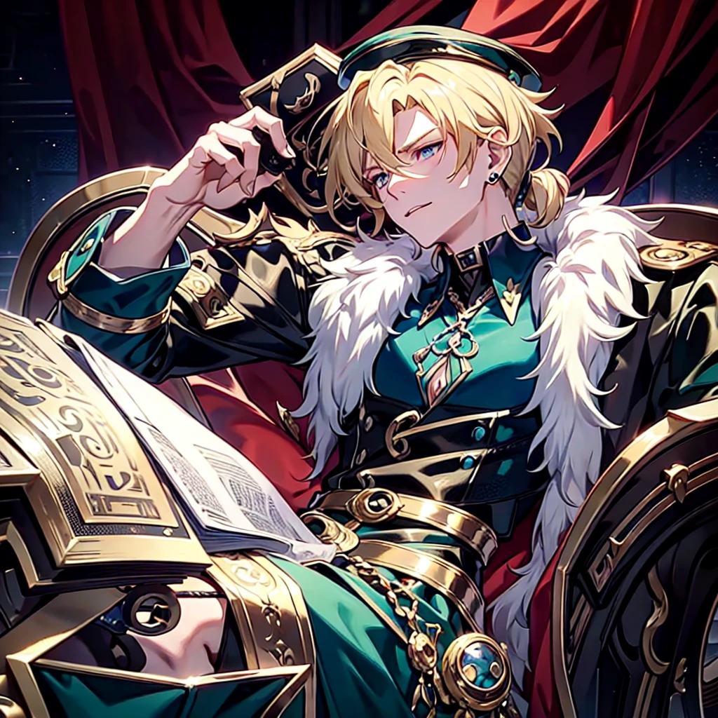 Anime attractive man, 20 year old, blonde hair, very very short ponytail, tall, muscular, solo, one person, dark blue high-collared dress shirt with rolled up sleeves, black choker, dark blazer with gold lining and buttons unbuttoned with rolled up sleeves, long dark overcoat with a fur trim, rolled up sleeves, rolled up sleeves, rolled up sleeves, rolled up sleeves muscular, masculine face. Black fedora.