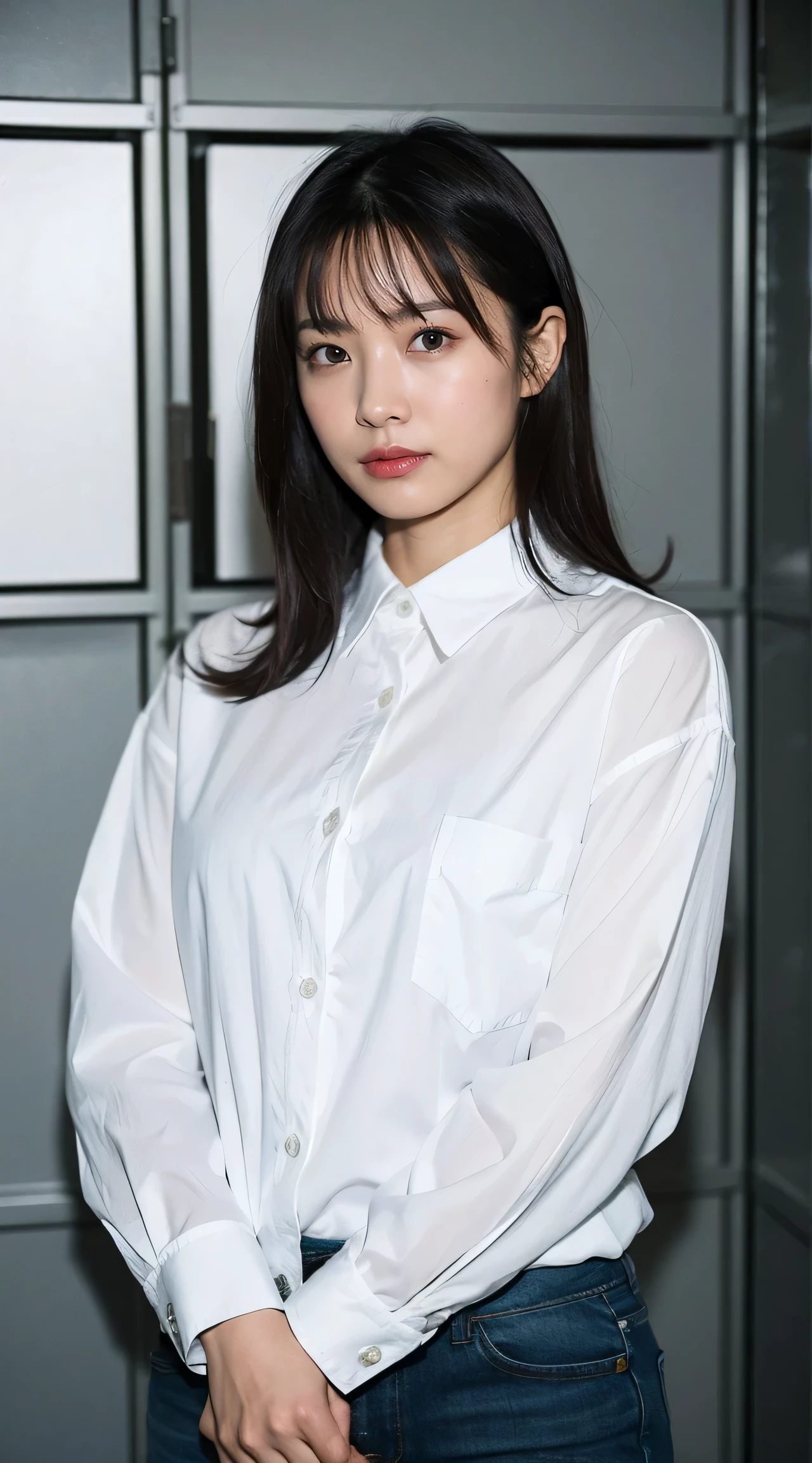 ((Best Quality、8k、masterpiece:1.3))、 photorealistic, sharp concentration, High image quality, high definition, PORTRAIT, Alone, Japanese, Middle-aged woman, Beautiful woman, sexy, Change of clothes、Half-taken shirt、 slouching 、 43 years old, plump, semi-long, Wrinkles around the eyes, Office Changing Room, Many steel lockers, Dark Background,