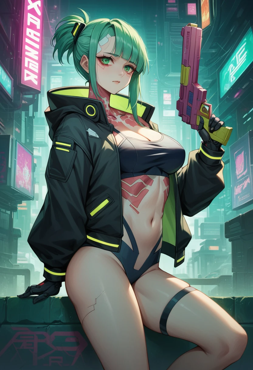  a woman with green eyes and a black jacket holding a gun, cyberpunk anime art, chica anime cyberpunk, best anime 4k konachan wallpaper, anime girl cyberpunk mech, female cyberpunk anime girl, cyberpunk anime art, anime style 4k , digital cyberpunk anime art, Cyberpunk Anime Girl with Hoodie, Anime Wallpaper 4k, Anime wallpaper 4 k, cyberpunk anime Big Breast 
