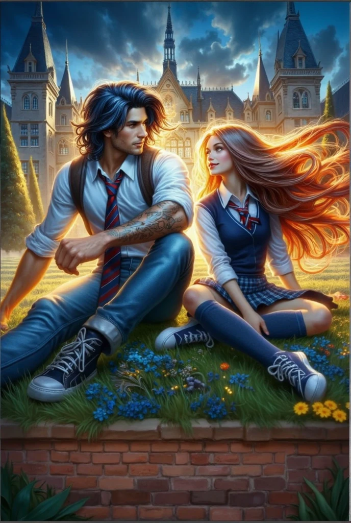 EXTREMALLY DETAILED Hyperrealistic photorealistic art for a emotional book cover.full-length strong handsome-prince-student sit with long-haired beautiful SMILE 18-year woman-studen, dressed in school uniform, near Academy. ultrahigh detail. greg hildebrandt. Colorful complementary colors scene,lots of details. ultra Dynamic unusual angle. FOR THE COVER dynamic scene, lOOK AT ME! Magical fantasy world,book cover,ULTRADETAILED natural landscape IN THE BACKGROUND bright additional colors, magic, ultra-highdetail,perfect natural proportions.model faces. perfect anatomy, detailed hand and fingers, ideal silkglossing hairs, ultrssparkling gold artefacts, ultratextured and patterned textile, countour body\'s glowlight