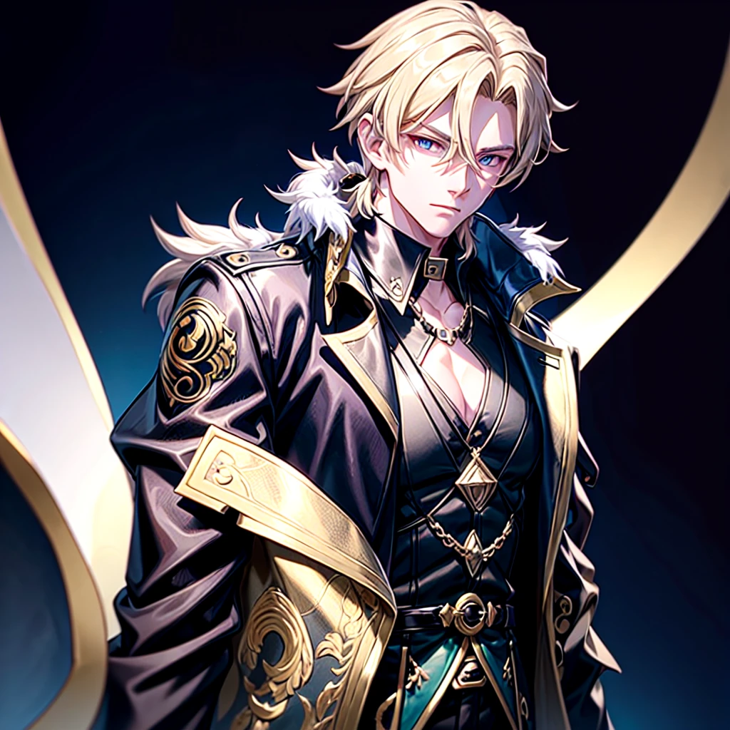 Anime attractive man, 20 year old, blonde hair, very very short ponytail, tall, muscular, solo, one person, dark blue high-collared dress shirt with rolled up sleeves, black choker, dark blazer with gold lining and buttons unbuttoned with rolled up sleeves, long dark overcoat with a fur trim, rolled up sleeves, rolled up sleeves, rolled up sleeves, rolled up sleeves muscular, masculine face. Black fedora.