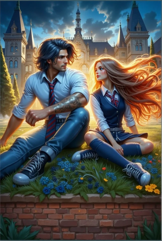 EXTREMALLY DETAILED Hyperrealistic photorealistic art for a emotional book cover.full-length strong handsome-prince-student sit with long-haired beautiful SMILE 18-year woman-studen, dressed in school uniform, near Academy. ultrahigh detail. greg hildebrandt. Colorful complementary colors scene,lots of details. ultra Dynamic unusual angle. FOR THE COVER dynamic scene, lOOK AT ME! Magical fantasy world,book cover,ULTRADETAILED natural landscape IN THE BACKGROUND bright additional colors, magic, ultra-highdetail,perfect natural proportions.model faces. perfect anatomy, detailed hand and fingers, ideal silkglossing hairs, ultrssparkling gold artefacts, ultratextured and patterned textile, countour body\'s glowlight