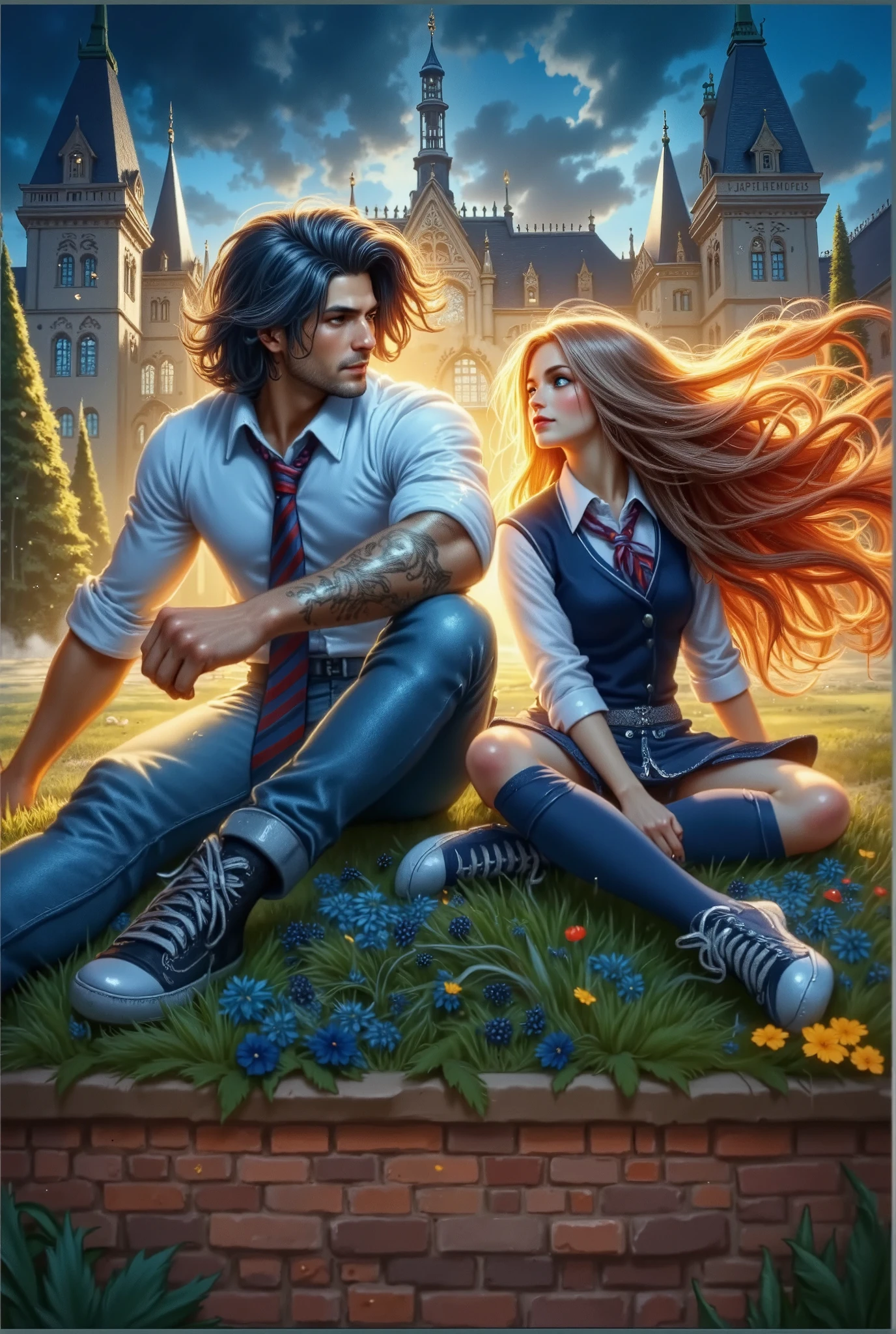 EXTREMALLY DETAILED Hyperrealistic photorealistic art for a emotional book cover.full-length strong handsome-prince-student sit with long-haired beautiful SMILE 18-year woman-studen, dressed in school uniform, near Academy. ultrahigh detail. greg hildebrandt. Colorful complementary colors scene,lots of details. ultra Dynamic unusual angle. FOR THE COVER dynamic scene, lOOK AT ME! Magical fantasy world,book cover,ULTRADETAILED natural landscape IN THE BACKGROUND bright additional colors, magic, ultra-highdetail,perfect natural proportions.model faces. perfect anatomy, detailed hand and fingers, ideal silkglossing hairs, ultrssparkling gold artefacts, ultratextured and patterned textile, countour body\'s glowlight