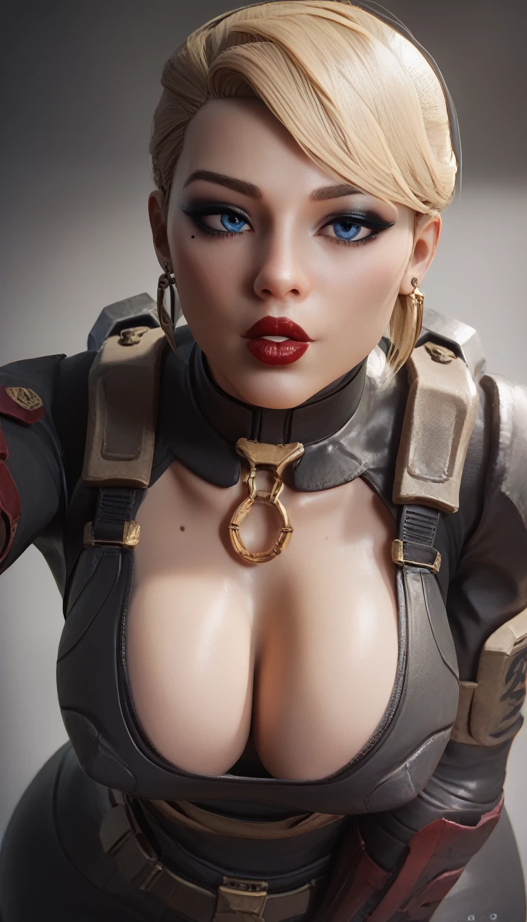 masterpiece, highest quality, highest resolution, distinct_image, detailed details) , 1 female  , 20's , young person, ( large breasts  and large hips ), (attractive body, attractive face and attractive expressions and attractive eyes and attractive lips  )   ,  pale skin  and veiny skin  , one black mole on left eye , soft lips , black eyeshadow ,  black makeup  , blue eyes  ,  blonde hair , red lips , red fingernails , attractive women    ,  attractive girl , big bright eyes    , gold ring , ring   , Spartan armour , halo , cleavage , on base military , holding assault rifle ,