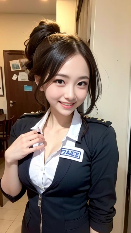 instagram photo, closeup face photo of 23 y.o Chloe in transparant pilot uniform, cleavage, pale skin, (smile:0.4), hard shadows, running, after shower with wet hair, sexy vibe, curly long hair