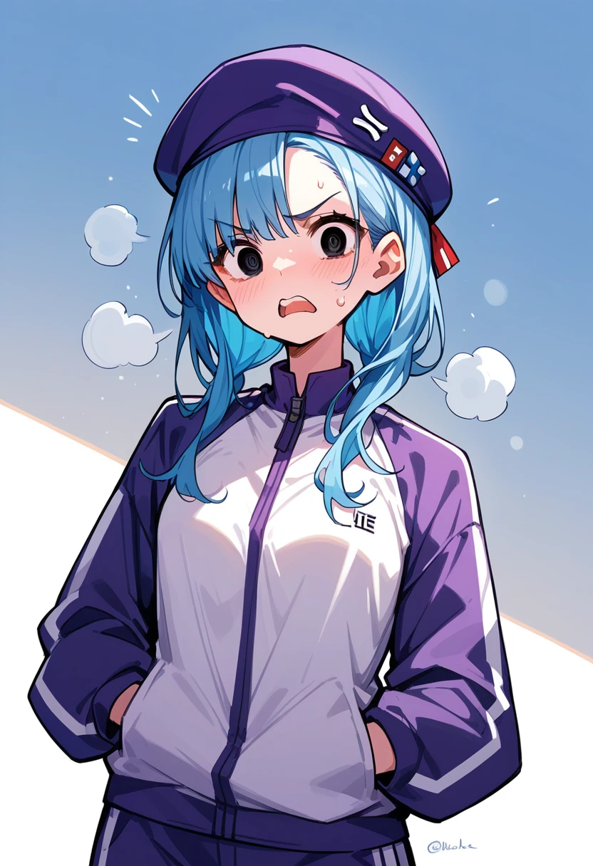 masterpiece, best quality, detailed eyes, cowboy shot, a beautiful girl with long straight sky-blue hair, wearing a light purple beret and a purple tracksuit. She has intense black eyes and is visibly exhausted, sweating heavily while struggling to keep up with her workout. Next to her, a female trainer is yelling aggressively, her face twisted in anger, pushing the girl to move faster. The gym setting is filled with tension, with cold-toned lighting and workout equipment in the background