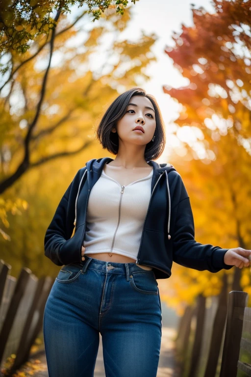 (8k, RAW photo, photorealistic, HQ, masterpiece), (from below:1.4), a cute Japanese woman, (glowing eyes), 
(furrowed brow), looking up, fluffy very short bob hair, large Breasts, (orange zip up hoodie), (black jeans), hair swaying in the wind, Autumn city Scenery, Depth of field rally background, backlighting, 