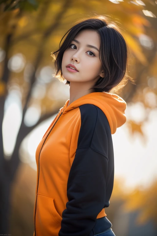 (8k, RAW photo, photorealistic, HQ, masterpiece), (from below:1.4), a cute Japanese woman, (glowing eyes), 
(furrowed brow), looking up, fluffy very short bob hair, large Breasts, (orange zip up hoodie), (black jeans), hair swaying in the wind, Autumn city Scenery, Depth of field rally background, backlighting, 