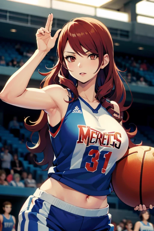 Mitsuru Kirijo,  with big breasts, wearing a Dallas Mavericks jersey, playing basketball 