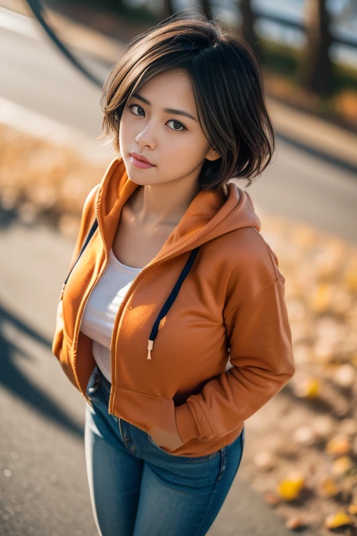 (8k, RAW photo, photorealistic, HQ, masterpiece), (from above:1.4), a cute Japanese woman, (glowing eyes), 
(furrowed brow:1.4), looking up, fluffy very short bob hair, large Breasts, (orange zip up hoodie), (black jeans), hair swaying in the wind, Autumn city Scenery, Depth of field rally background, backlighting, 