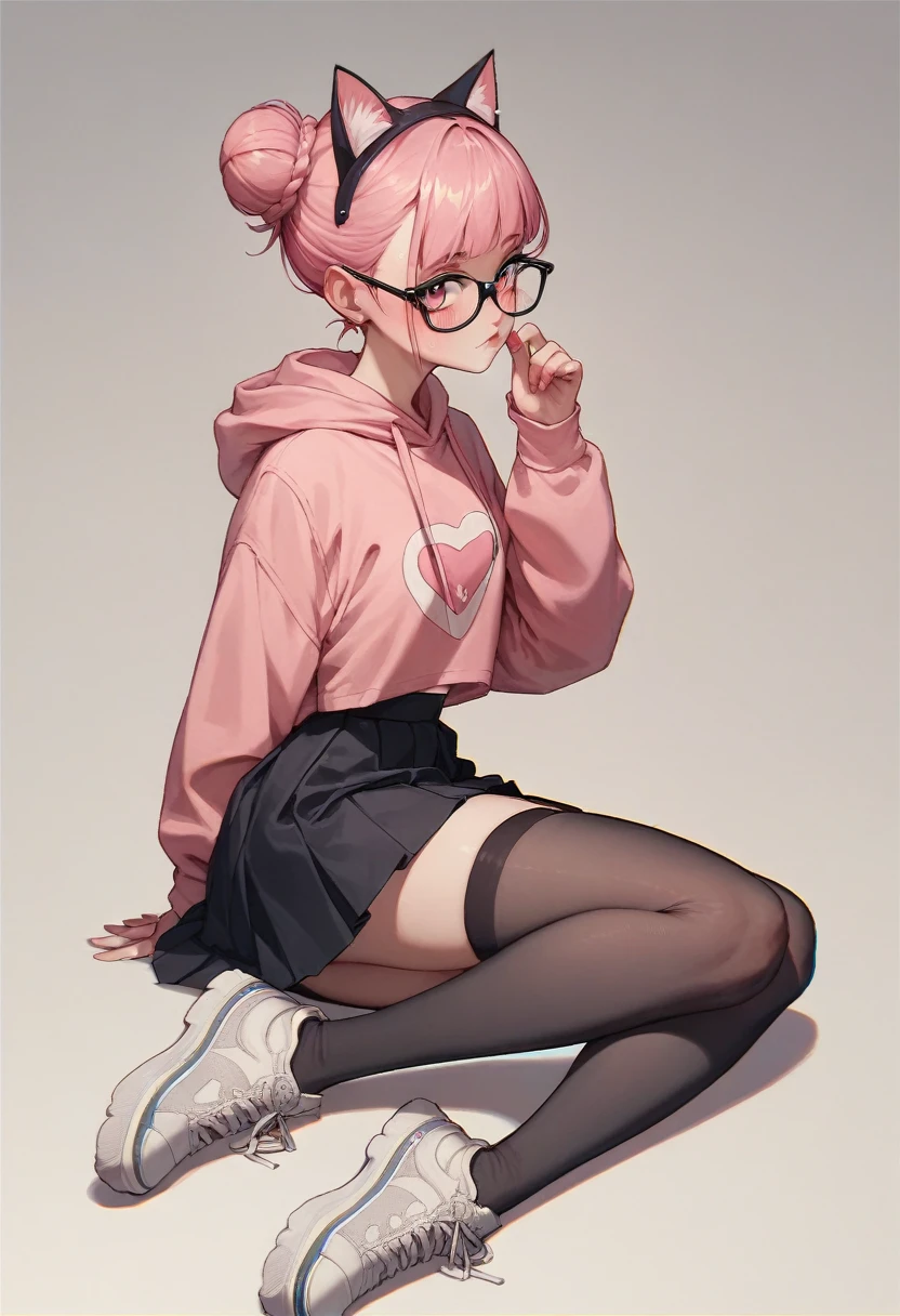 I have white pink hair, cat ears, a bun, my face is super blushing, black glasses, pink heart eyes, a big pink sweatshirt, a black skirt, black stockings, white shoes, a cat&#39;s tail, a girl. very shy that she is glued to a wall with her butt