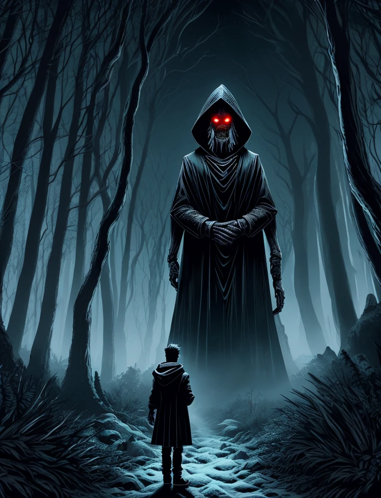 realistic digital scene of a young man standing frozen in fear on a narrow path in a dark forest. He has his back to a tall, shadowy figure with unnatural proportions: long limbs, a slightly hunched posture, creepy facial features. The young man wears a normal size hoodie, his face showing wide-eyed terror, mouth slightly open as he gasps in shock, and his arms slightly raised as if ready to defend himself. The figure’s eyes glow a sinister, deep red, the only visible detail on its dark form. Surrounding the path are thick, twisted trees with fog creeping along the ground. The scene should feel cold and suspenseful, with deep greens, blacks, and grays creating an atmosphere of dread. extremely detailed face's features