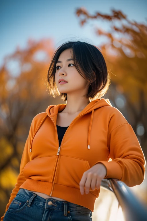 (8k, RAW photo, photorealistic, HQ, masterpiece), (from below:1.4), a cute Japanese woman, (glowing eyes), 
(furrowed brow:1.4), looking down, fluffy very short bob hair, large Breasts, (orange zip up hoodie), (black jeans), hair swaying in the wind, Autumn city Scenery, Depth of field rally background, backlighting, 