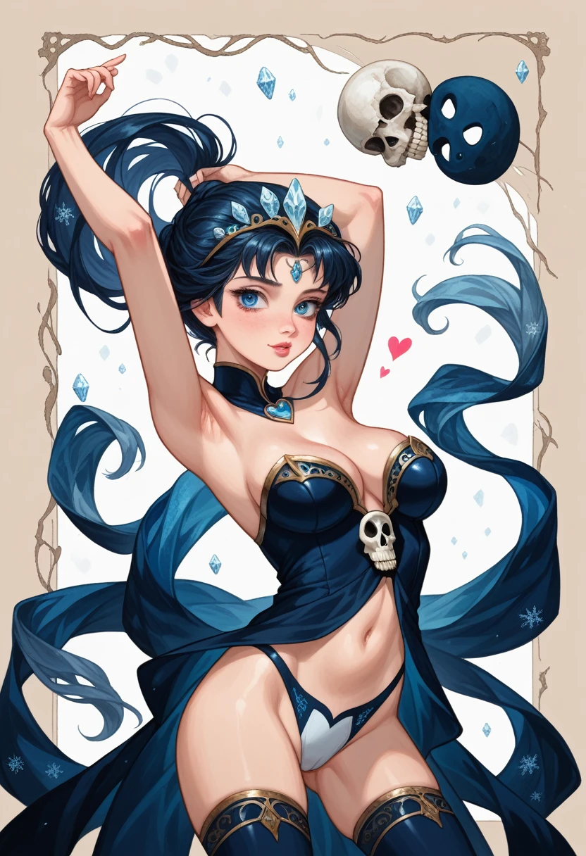 (masterpiece), (High resolution), (super delicate),,(Horror elements), leopard print bikini,Cute Core Clown、Skull Accessories、((Alphonse Mucha 1.5))blue hair、Clown makeup
