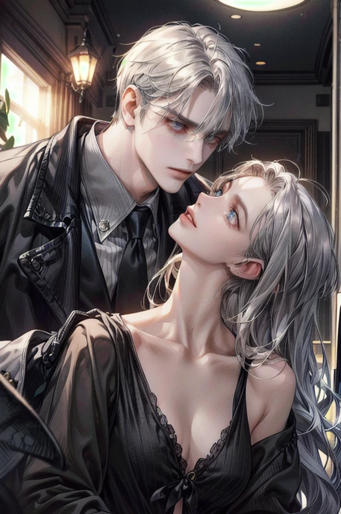 (masterpiece), (5K), (best quality), 2d Couple, ((a young gray hair couple)), ((a gray hair woman ,  sharp eyes, slit_ pupils, pale eyes, small boobs, red dress)), brown eyes, ultra well detailed eyes, ((a gray hair guy, white royal clothes)), holding fireworks