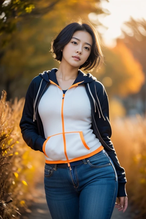 (8k, RAW photo, photorealistic, HQ, masterpiece), (from below:1.4), a cute Japanese woman, (glowing eyes), 
(furrowed brow:1.4), looking down, fluffy very short bob hair, large Breasts, (orange zip up hoodie), (black jeans), hair swaying in the wind, Autumn city Scenery, Depth of field rally background, backlighting, 