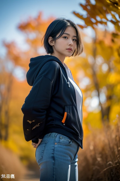 (8k, RAW photo, photorealistic, HQ, masterpiece), (from below:1.4), a cute Japanese woman, (glowing eyes), 
(furrowed brow:1.4), looking down, fluffy very short bob hair, large Breasts, (orange zip up hoodie), (black jeans), hair swaying in the wind, Autumn city Scenery, Depth of field rally background, backlighting, 