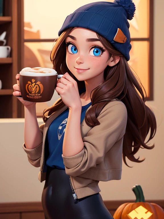 (masterpiece:1.2), best quality, high resolution, unity 8k wallpaper, (illustration:0.8), (beautiful detailed eyes:1.6), extremely detailed face, perfect lighting, extremely detailed CG, (perfect hands, perfect anatomy), 1girl, solo, long brown hair, blue eyes. (holding a coffee cup filled with Pumpkin Spice Latte:1.3). (Wearing: Blue beanie, opened blue jacket, white tank-top, and black leggings). She has a calm smile on her face; she’s relaxed.
