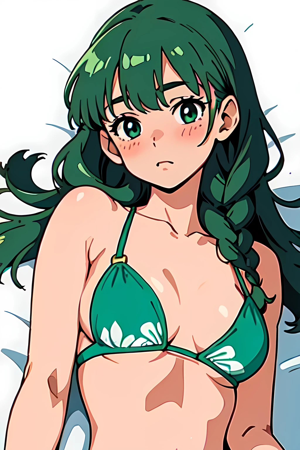 best quality, masterpiece, 1girl, blush, (lying on a bed:1.2), (upper body:1.3), braids hair with bangs, medium breast, green bikini