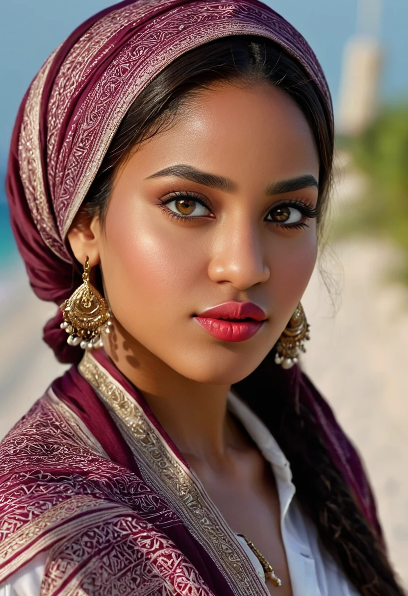 a beautiful mixed caribbean & Qatari woman, extremely detailed full body, beautiful detailed eyes, beautiful  natural detailed lips, extremely detailed hands and face, fit girl, (habits et lieu) vibrant colors, natural lighting, (best quality,4k,8k,highres,masterpiece:1.2),ultra-detailed,(realistic,photorealistic,photo-realistic:1.37),portrait,landscape