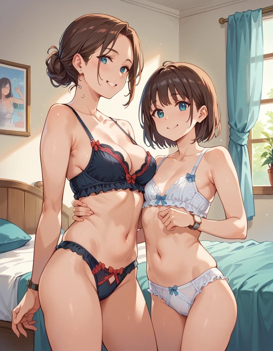 ((nsfw)),   score_9,   score_8_up,   score_7_up,  two women, Mother,  Mother and daughter , Young Girl, smile,    Watch Viewers   , Love One Another,  Randomly changing lingerie , bedroom,  Estrus season,  randomly changing poses , 
