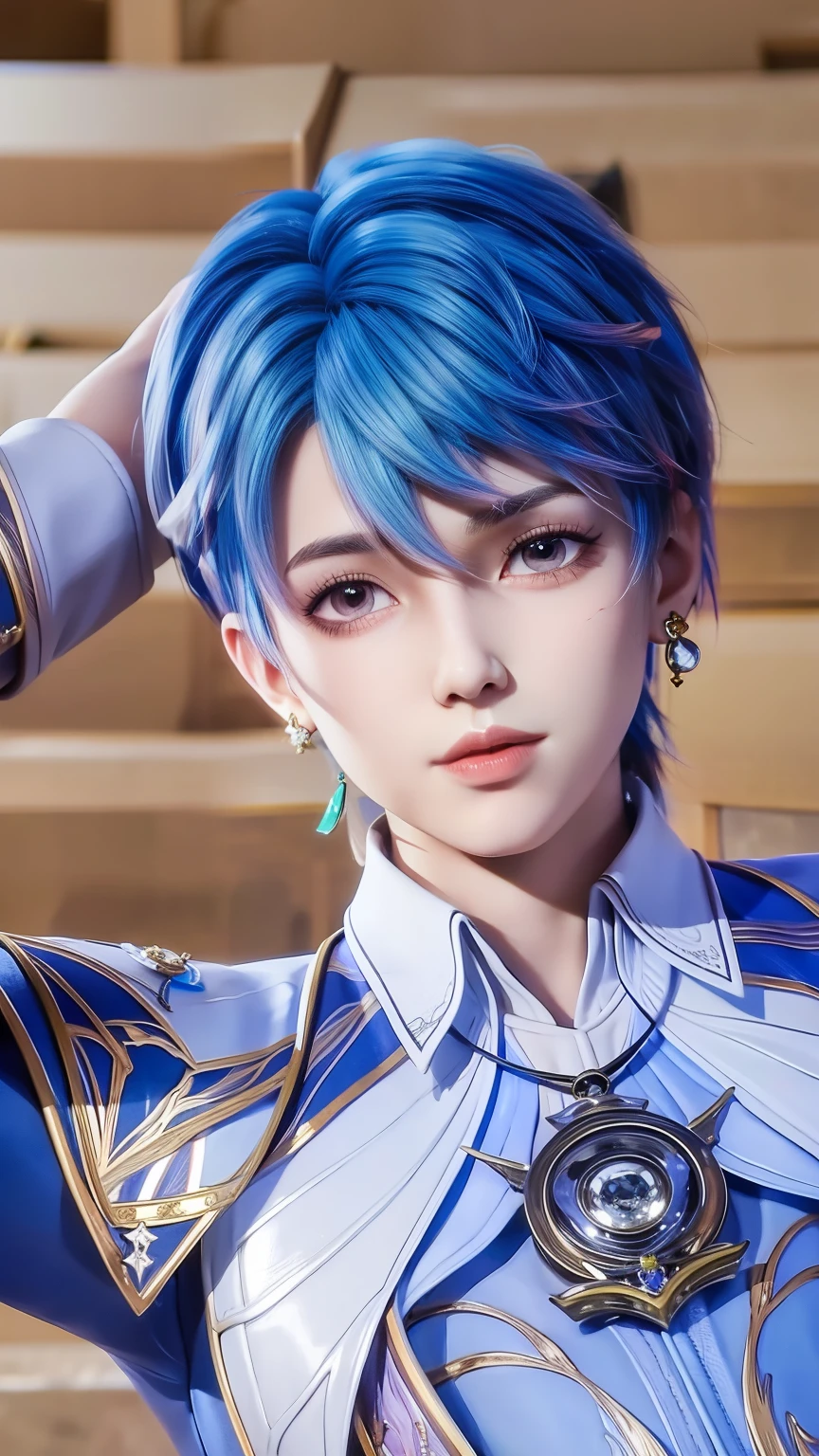 , night, looking at viewer, short hair, belt,blue shirt,jewelry, earrings, coat, long sleeves, collar,pants, trim