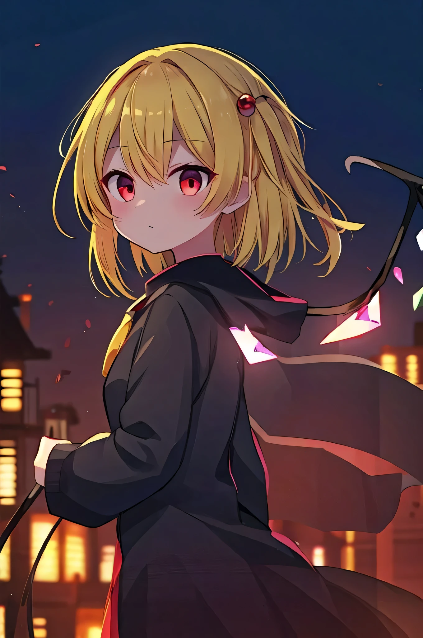  detailed background, masterpiece, Best Quality, Expressive、whole body、１Alone、１By people、１Only people、only girl、Flandre Scarlett, , Yellow hair on the third tail、Red eyes、Blonde、Short Hair、 Short Hair、 about the age of a female college student、Oriental Project、Red glowing eyes、slim、Wearing black clothing、Shadow Body、 colorful background、Disheveled Hair、Stop it, stop it、Oblique angle、viewed from the back、from behind、 focus on faces、Focus on the face、