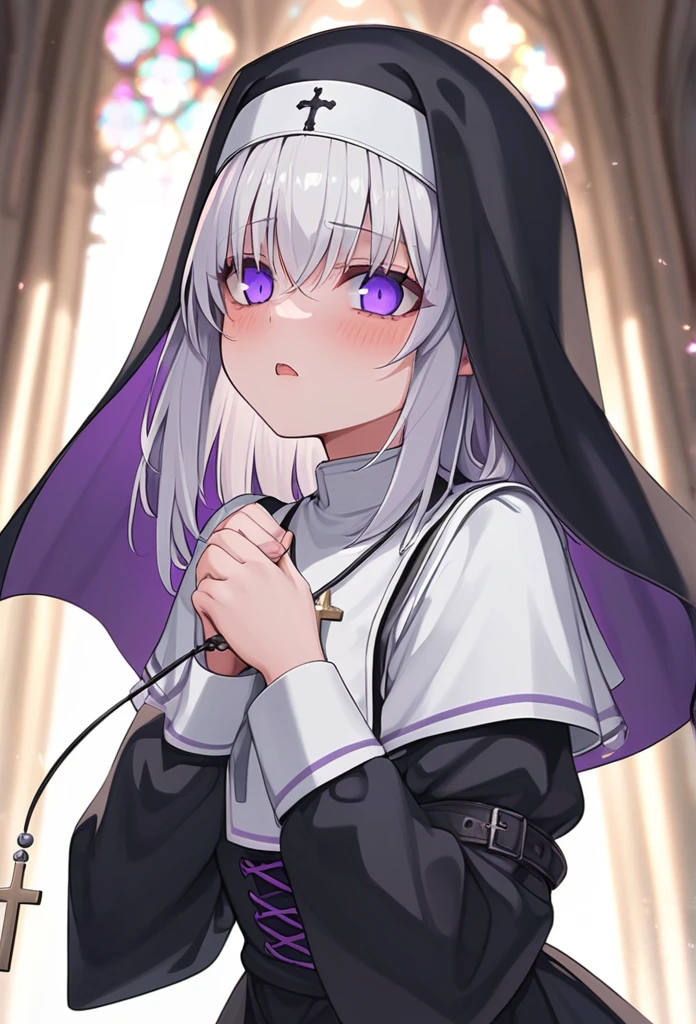 (1girl:1.4, , ****, 1 nun ,  1 sister, Monastic Clothes, Detailed skin, Beautiful Hair,  high definition), Gothic,  yandere:1.2, Yandere:1.2, Confused eyes, purple eyes:1.2,  sick expression, empty eyes, longeyelashes, crazy, Veil, Lace-up boots, Clenching one’s fists, Rosary, prayer, cathedral, Solemn, whole body:1.3, from above, from below:1.3