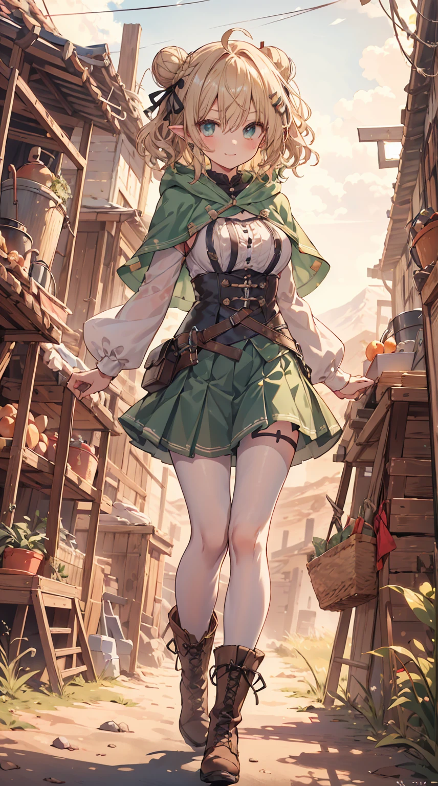 masterpiece, 1 girl, sparrow, a blonde haired girl, wearing a medieval villager clothes, curly long hair, messy hair, slim body, he close her left eye, shirt ornament, ruby eyes, ahoge, baby face, long sleeves, beautiful eyes, boots, droopy eyes, her age is 19, nagisa_bluearchive, innocent face, medium hair, curly hair, MongolPunkAI, big breasts, view from right down, she tease you, lend a hand to you, she very close to you, rainbow_one, farmer clothes, pleated skirt, crocth tattoo, angry smile, medieval basement, hair ribbon, twin hair bun, innocent smile, green skirt, green hood, green capelet, green riding hood girl, wearing her hood, white pantyhose, green top of mountain, pointy ears