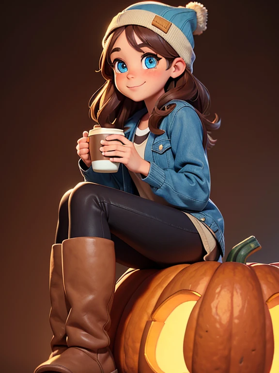 (masterpiece:1.2), best quality, high resolution, unity 8k wallpaper, (illustration:0.8), (beautiful detailed eyes:1.6), extremely detailed face, perfect lighting, extremely detailed CG, (perfect hands, perfect anatomy), 1girl, solo, long brown hair, blue eyes. (holding a coffee cup filled with Pumpkin Spice Latte:1.3). (Wearing: Blue beanie, opened blue jacket, white tank-top, black leggings, brown ugg boots). She has a calm smile on her face; she’s relaxed.
