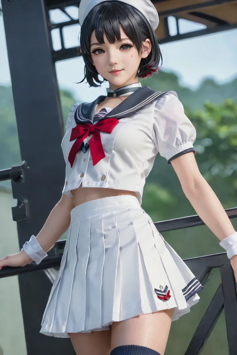 zzzellen, 2.5D, white sailor uniform, serafuku:1.31, red ribbon, white knee-high socks, black pleated microskirt, black loafers, jitome:1.34, shiny skin, smirk smile, thighhighs,looking at viewer