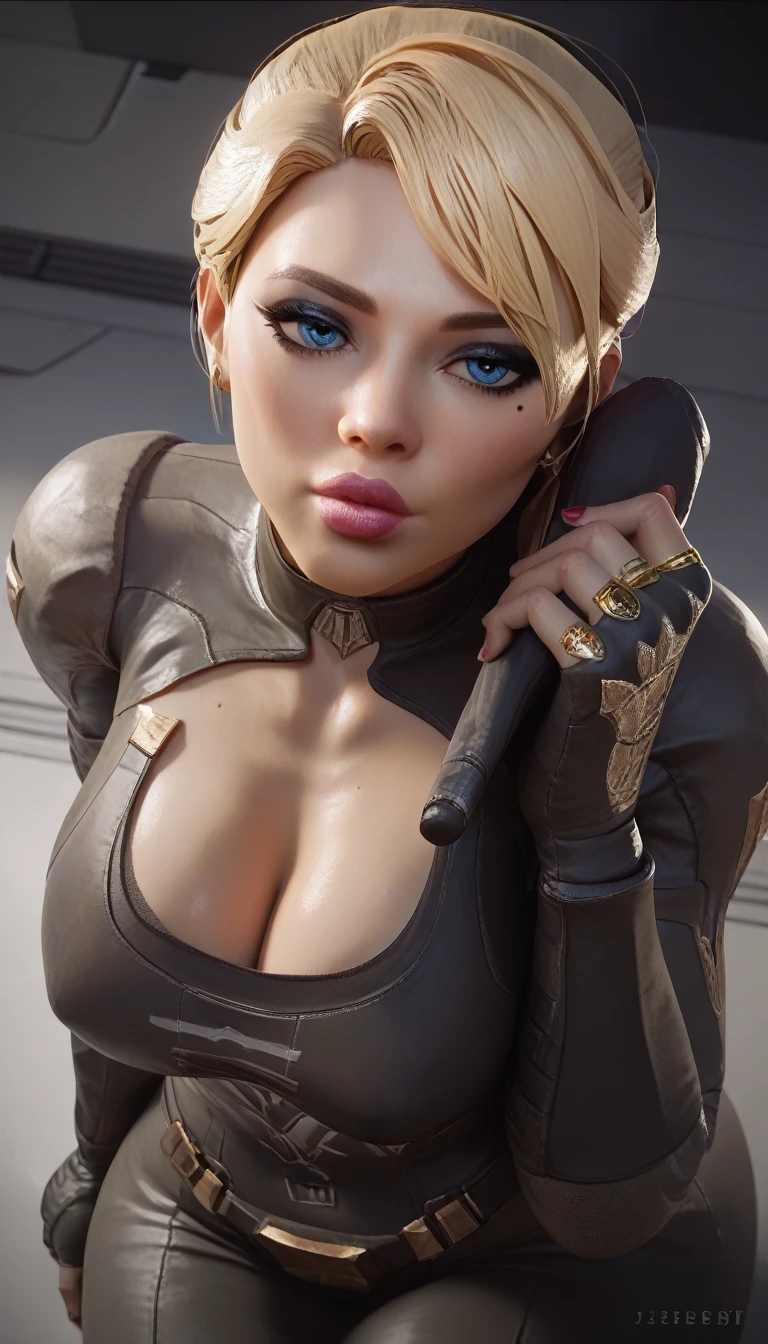 masterpiece, highest quality, highest resolution, distinct_image, detailed details) , 1 female  , 20's , young person, ( large breasts  and large hips ), (attractive body, attractive face and attractive expressions and attractive eyes and attractive lips  )   ,  soft skin  and fresh skin  , one black mole on left eye , soft lips , black eyeshadow ,  black makeup  , blue eyes  ,  blonde hair , pink lips , pink fingernails , attractive women    ,  attractive girl , big bright eyes    , gold ring , ring   , Spartan armour , black fingerless gloves , halo , cleavage , on spaceship  , holding usb by right hand ,