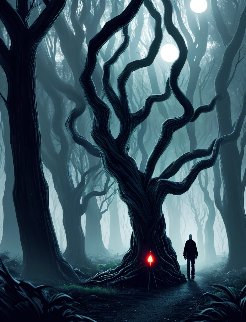 Create a hyper-realistic digital artwork of a young man facing the viewer, ominous forest at night. The young man is dressed in a hoodie and jeans, with an anxious, cautious posture as he walks into the forest. His head is turned slightly over his shoulder, as if sensing something behind him, with a worried expression. The forest is dense, with tall, twisted trees reaching like clawed hands towards a faint moon in the sky. Deep in the background, a separate, shadowy figure stands partially hidden in the mist, completely separate from the protagonist. The figure has no clear features, only a dark silhouette that adds an eerie threat to the scene. Use colors like deep greens, blacks, and grays, with faint fog to add a haunting, mysterious atmosphere.