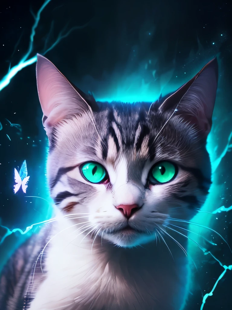 there is a cat that is looking at a butterfly in the dark, it is glowing, magical glowing eyes, green glowing eyes, with glowing eyes, beautiful neon cats, adorable glowing creature, glowing in the dark, beautiful glowing eyes, glowing butterflies, warrior cats, beautiful blue glowing eyes, electric cats that fly over ice, white glowing eyes, blue glowing eyes