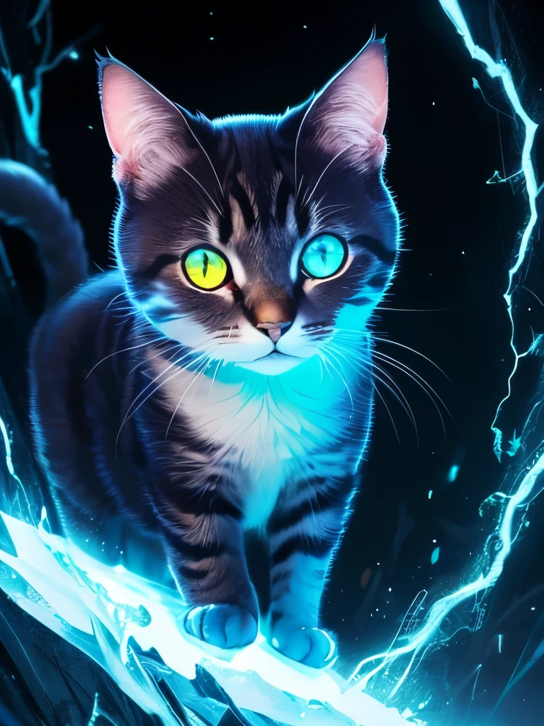 there is a cat that is looking at a butterfly in the dark, it is glowing, magical glowing eyes, green glowing eyes, with glowing eyes, beautiful neon cats, adorable glowing creature, glowing in the dark, beautiful glowing eyes, glowing butterflies, warrior cats, beautiful blue glowing eyes, electric cats that fly over ice, white glowing eyes, blue glowing eyes